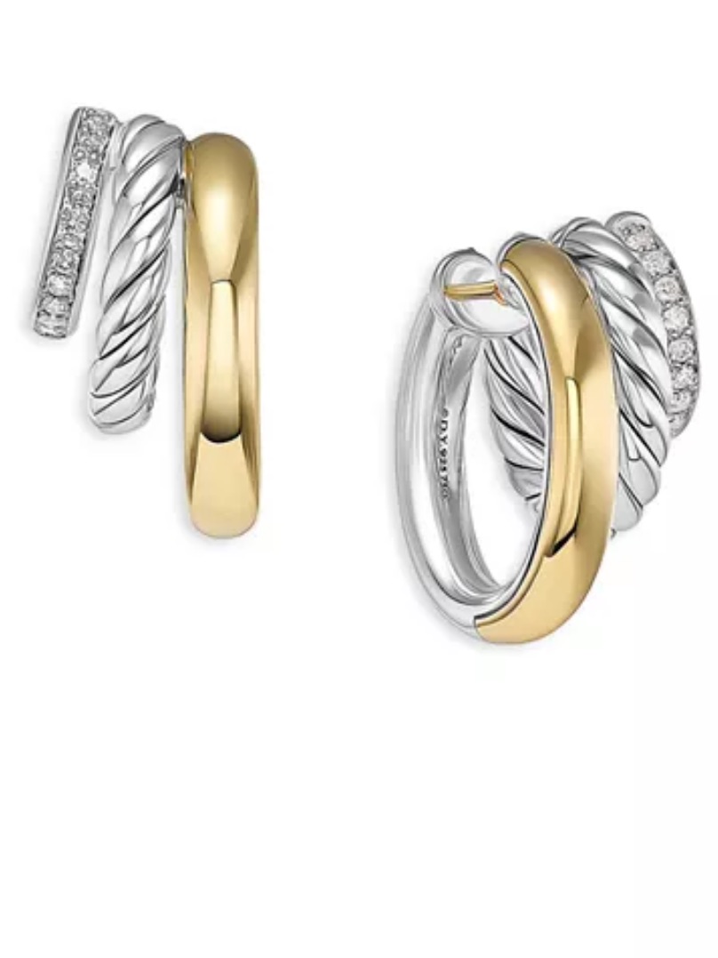 David Yurman Mercer Multi Hoop Earrings In Sterling And 18k Gold And Diamonds
